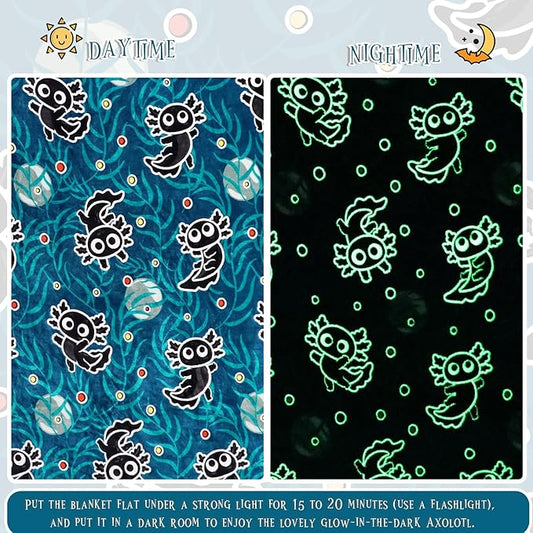 BORORO Black Axolotl Gifts Glow in The Dark Blanket Cute Axolotl Blanket for Boys Girls
