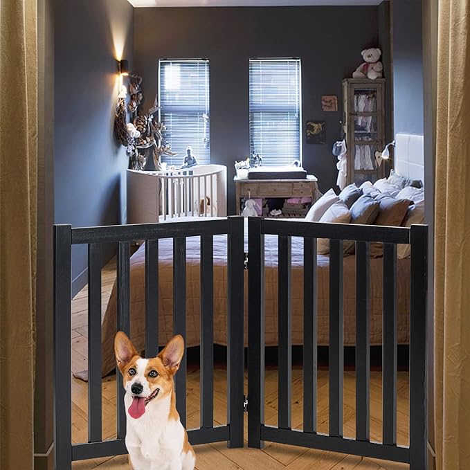 LZRS 2-Panel Wooden Free Standing Foldable Dog Gate – Solid Hardwood 24" High, Step-Over Safety Pet Gate for Doorways, Stairs & Small Spaces - Indoor Use, Black