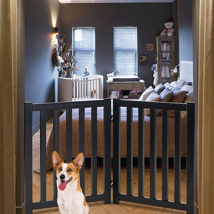 LZRS 2-Panel Wooden Free Standing Foldable Dog Gate – Solid Hardwood 24" High, Step-Over Safety Pet Gate for Doorways, Stairs & Small Spaces - Indoor Use, Black