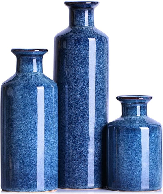Navy Blue Ceramic Vases Set 3,Modern Farmhouse for Home Decor Bottles,Small Rustic Terracotta Vase for Living Room,CoffeeTable Centerpieces,Fireplace,Entrance,Bookshelf,Dark Blue Coastal Decor