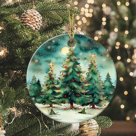 Christmas Tree Forest Ornaments Round Ceramic Ornament Christmas Keepsake Decor for Xmas Tree Winter Holiday Xmas Gift for Women Men Hanging Ornament 3"