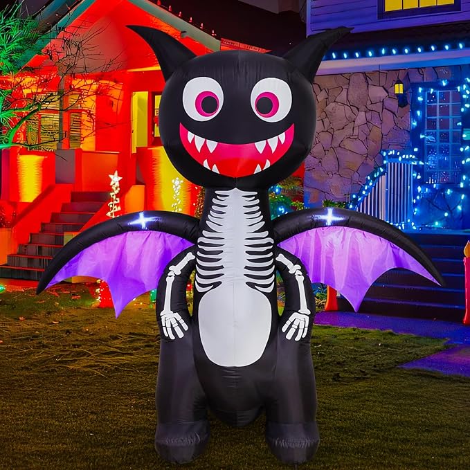 6.8FT Halloween Inflatables Outdoor Decorations – Lighted Skeleton Dinosaur Blow Up Yard Decor with LED Lights, Spooky Halloween Dinosaur for Lawn Porch Trick or Treat Party Display