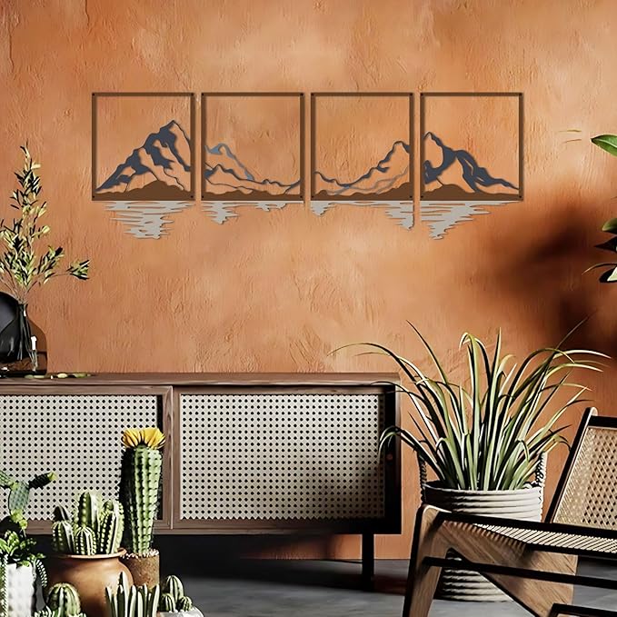 ESTART 4 PCS Metal Mountain Wall Art, Large Mountains Wall Decor, Mountain Forest Decorative Painting Suitable For Living Room Bedroom Office Indoor And Outdoor