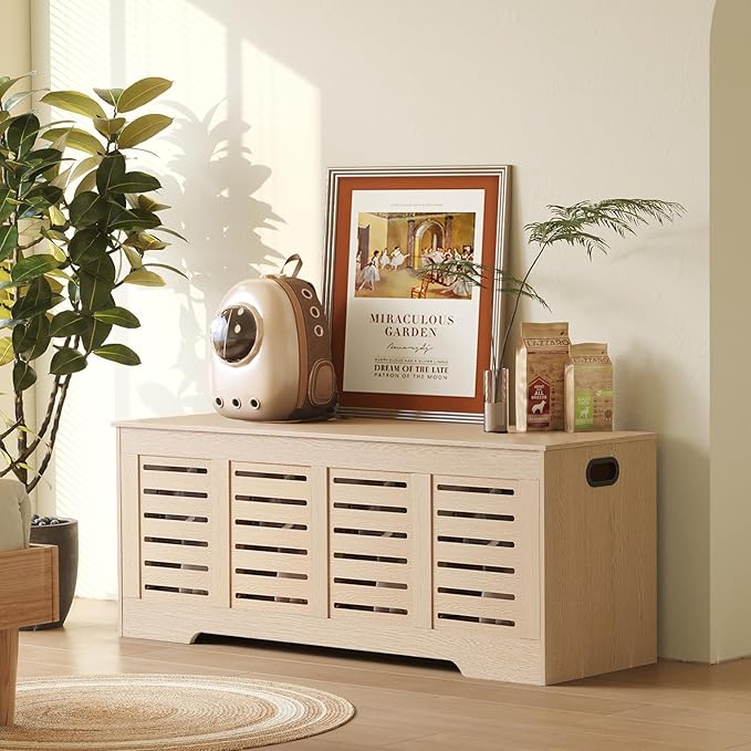 DINZI LVJ Storage Chest, 47.3”Wooden Storage Box with 2 Safety Hinges, Entryway Shoe Bench with Flip-Top, Farmhouse Style Trunk for Living Room, Bedroom, Play Room, Easy Assembly, Natural