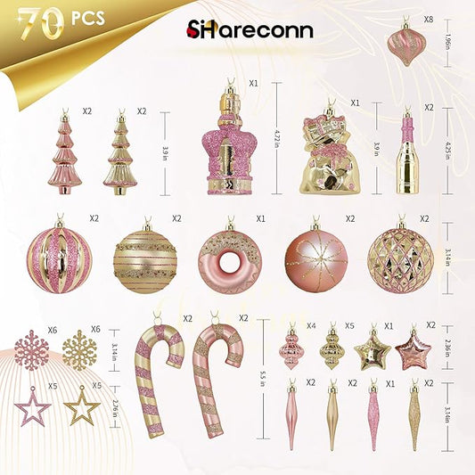 SHareconn 70pcs 2025 Classic Christmas Balls Ornaments Set, Shatterproof Plastic Baubles, Ribbon and Tree Topper for Xmas Tree Holiday Wedding Party Decorations with Hanging Strings, Pink and Gold