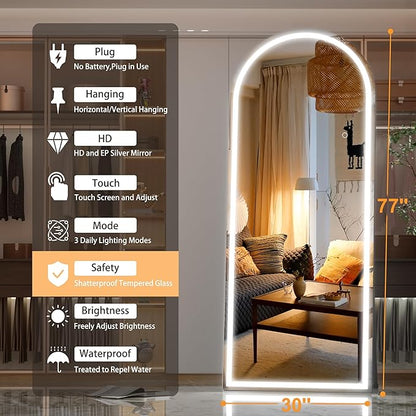 Hasipu 77" x 30" Led Mirror Full Length, Full Length Mirror with Lights Arch Design, Full Length led Mirror,Tempered Glass,Shatter-Proof, Dimming & 3 Color Modes for Bedroom Cloakroom-UL