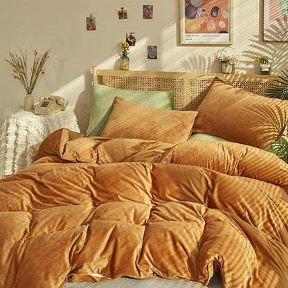Cottonight Velvet Comforter Set King Pumpkin Rust Bedding Set Flannel Burnt Orange Fluffy Plush Blanket Quilts Soft Thick Warm Terracotta Comforter Set for Women Men King Bed