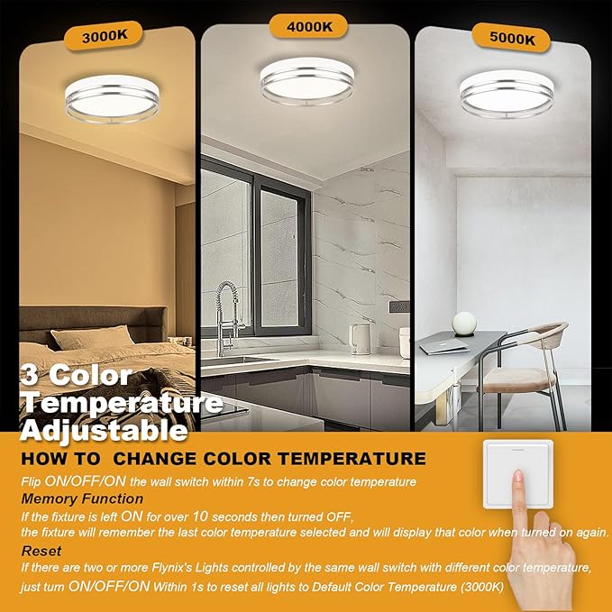 12.5 Inch LED Flush Mount Ceiling Light Fixture, 26W, Super Bright 1700 Lumens, 3 Color 3000K/4000K/5000K, Dimmable Ceiling Lamp for Bedroom Hallway Bathroom Kitchen Laundry (White Nickel)