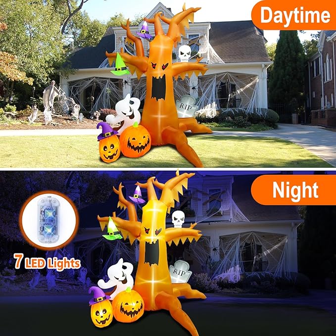 8.4FT Halloween Inflatable Spooky Tree, Halloween Blow up Tree Inflatable with Ghost Pumpkin Skull Wizard Hat Tombstone Built-in 7 LED for Halloween Party Parade Haunted House Outdoor Decor