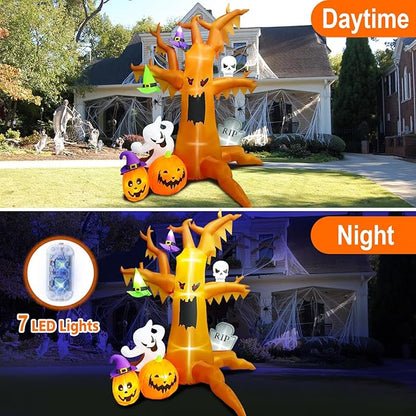 8.4FT Halloween Inflatable Spooky Tree, Halloween Blow up Tree Inflatable with Ghost Pumpkin Skull Wizard Hat Tombstone Built-in 7 LED for Halloween Party Parade Haunted House Outdoor Decor