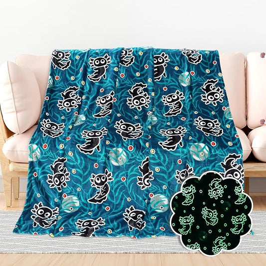 BORORO Black Axolotl Gifts Glow in The Dark Blanket Cute Axolotl Blanket for Boys Girls
