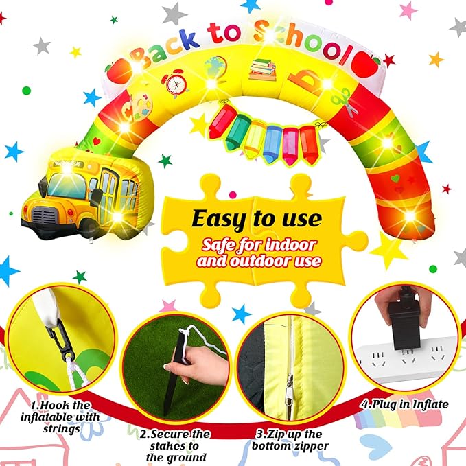 VIHOSE 6.56 ft Width Back to School Inflatables Arch First Day of School Outdoor Decorations Inflatable Rainbow Arch with Bus Pencil Build in LED Lights for Party Supplies Decor