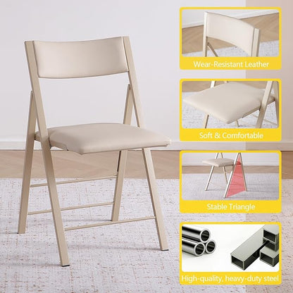 Folding Chairs with Cushion 2 Pack - Heavy Duty Steel Frame Foldable Dining Chairs, Waterproof Leather Indoor Outdoor Comfortable Folding Chairs for Home, Conference Rooms, Weddings, Events (Wood)