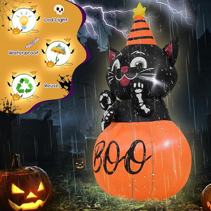 4FT Halloween Inflatable Decor Pumpkin Cat Helloween Blow Up Decoration with LED Lights Indoor Outdoor Yard Graden Party Holiday Decor