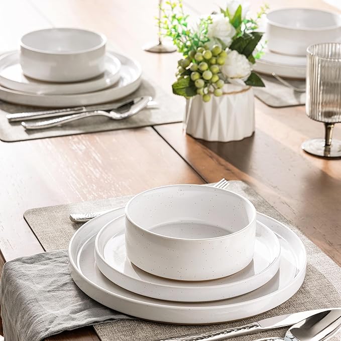 AmorArc Ceramic Dinnerware Set for 8 | Speckled Stoneware Plates and Bowls with Rustic Terracotta Underside| Scratch Resistant,Dishwasher & Microwave Safe Dishes Sets- 24pcs White