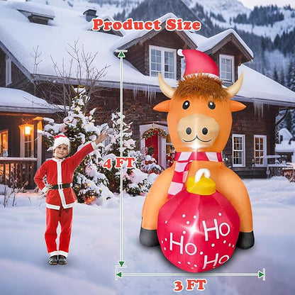 Christmas Inflatable Cow Outdoor Decoration with Christmas Ball, 4FT Blow Up Yard Decoration with Built-in LEDs for Garden Lawn Indoor Party Holiday Decor