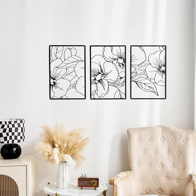 FUNTEREST 3 Pieces Black Metal Wall Art Decor Modern Minimalist Floral Single Line Living Room Wall Decor Abstract Wall Hanging Decor for Kitchen Office Bedroom Bathroom (Floral A)