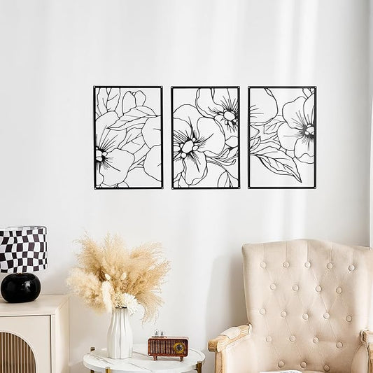 FUNTEREST 3 Pieces Black Metal Wall Art Decor Modern Minimalist Floral Single Line Living Room Wall Decor Abstract Wall Hanging Decor for Kitchen Office Bedroom Bathroom (Floral A)