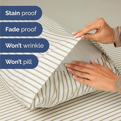 CGK Linens Twin 4 Piece Sheet Set - Cooling Sheets for Hot Sleepers - Hotel Luxury Bedding Set with 8-16 Inch Deep Pockets - 1 Flat & 1 Fitted & 2 Pillowcases - Soft and Wrinkle Free - Beige Stripes