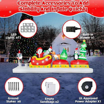 B&D 12FT Long Christmas Inflatables Outdoor Decorations, Inflatable Santa Claus on Dog Sled with Snowman, Penguin, Reindeer Blow up Christmas Decorations Built-in LEDs for Xmas Garden Yard Lawn Roof