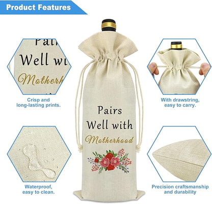 New Mom Gifts Motherhood Wine Bag Pregnancy Gifts for First Time Moms Mothers Day Gift Mom To Be Gift New Mommy Gifts Drawstring Wine Bags Party Decoration Wine Bottle Cover Bag Mom Gifts for New Mom