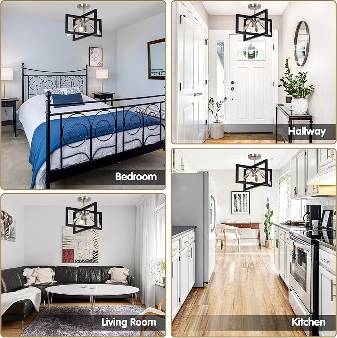 Semi-Flush Mount Ceiling Light - Modern Industrial Light Fixture Black and Brushed Nickel Chandelier,4-Light Farmhouse Ceiling Lamp for Kitchen Foyer Entryway Hallway Bedroom Closet