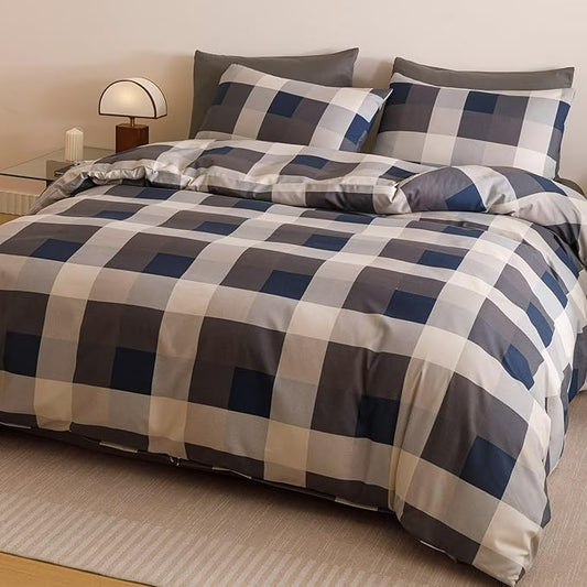 Cottonight Checkered Navy Comforter Set King Men Gingham Grid Bedding Set Navy and Khaki Grid Comforter Fluffy Soft Blanket Quilts Modern Cottagecore Comforter with 2 Pillowcases for King Bed