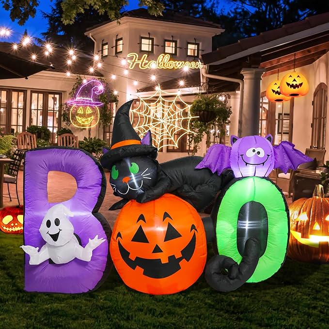 MUMTOP Halloween Inflatables Outdoor Decorations - 5 FT Pumpkin Inflatable with Ghost, Black Cat and Bat, Halloween Blow Up Yard Decorations with Built-in LED Lights for Party Yard Garden