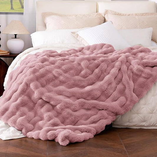 Ultra Soft Cozy Faux Fur Throw Blanket, Fuzzy Plush Thick Bubble Blanket, Oversize Luxury Fluffy Blanket for Couch, Bed, and Living Room, 60x80 Inches, Pink