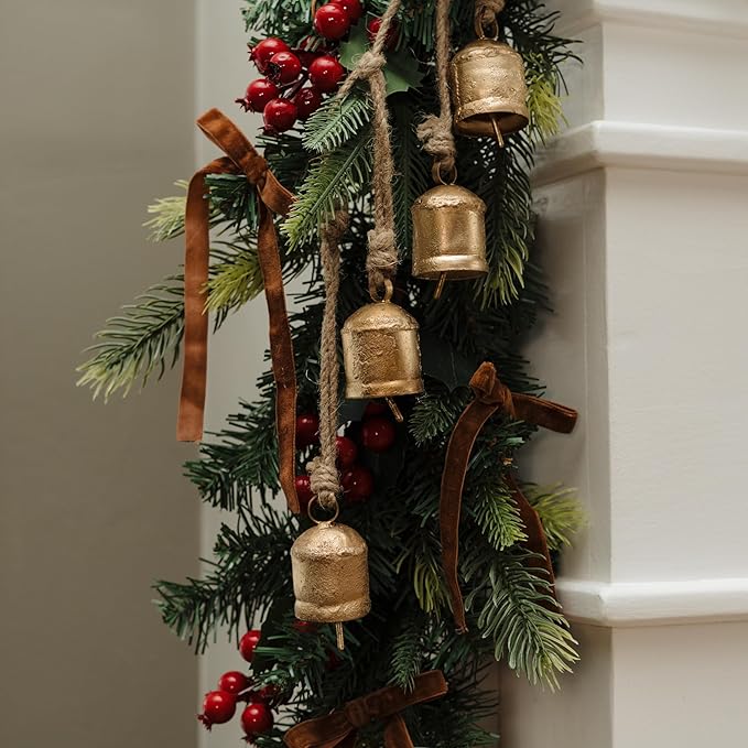Rustic Golden Christmas Bell Ornaments and Velvet Bows – Beautiful Ornament Set of 10 Adds Elegance to Any Modern or Farmhouse Christmas Tree Decor – Giftable Vintage Bells w/a Festive Holiday Sound