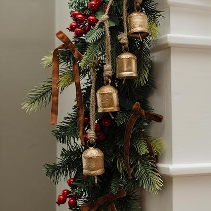Rustic Golden Christmas Bell Ornaments and Velvet Bows – Beautiful Ornament Set of 10 Adds Elegance to Any Modern or Farmhouse Christmas Tree Decor – Giftable Vintage Bells w/a Festive Holiday Sound