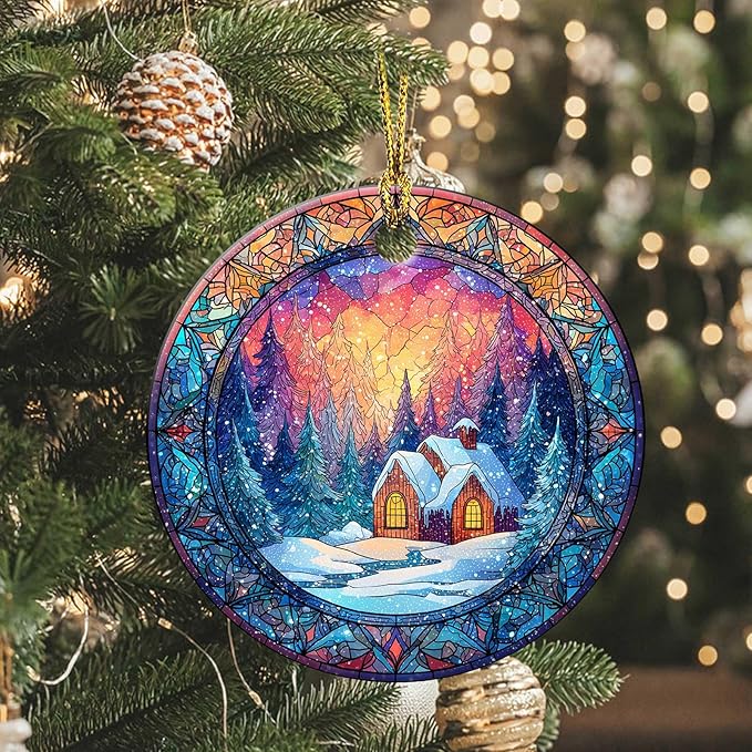 Happy Winter Ornaments Snow Village Round Ceramic Colorful Hanging Ornament Christmas Keepsake Decor for Xmas Tree Winter Holiday Xmas Gift for Women Men 3"