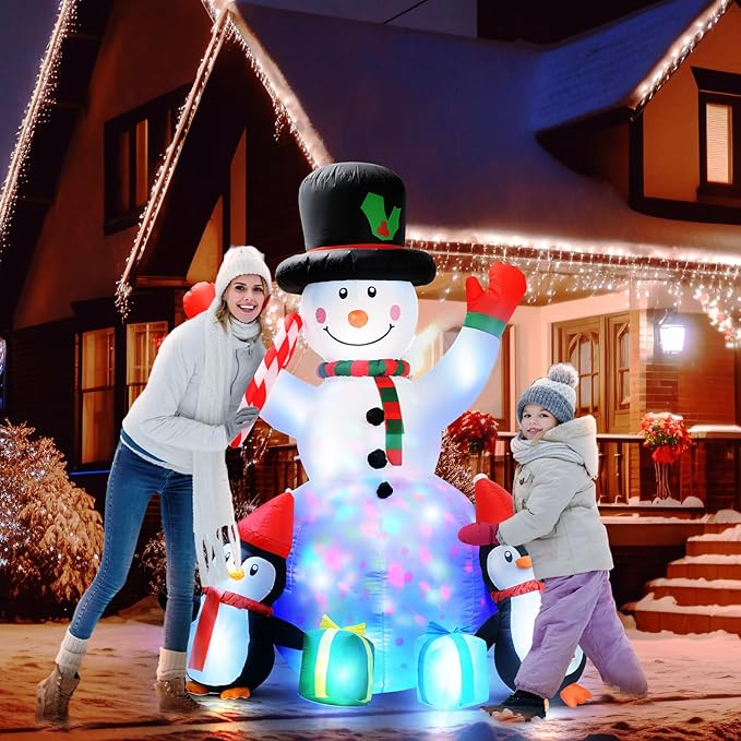 6ft Christmas Inflatables Outdoor Decorations Embrace Snowman and Penguins Built-in Colorful Rotating Led Lights Blow Up Snow Man Wear Magic Hat Yard Decor for Party Indoor Garden Lawn Xmas