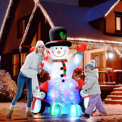 6ft Christmas Inflatables Outdoor Decorations Embrace Snowman and Penguins Built-in Colorful Rotating Led Lights Blow Up Snow Man Wear Magic Hat Yard Decor for Party Indoor Garden Lawn Xmas