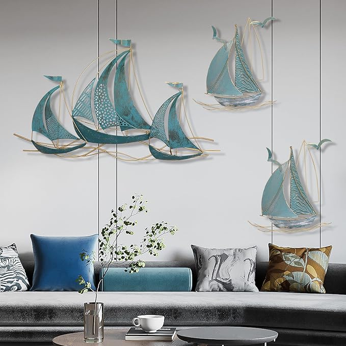 3 PCS Metal Wall Art Large Metal Sailboat Wall Decor, Metal Ship Wall Decorations, Large Metal Ship Wall Decor for Living Room, Bedroom, Modern Home Wall Sculpture for Office, Bedroom