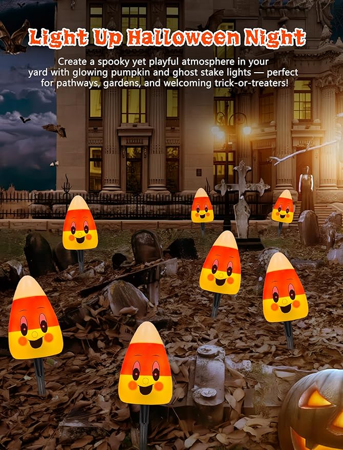 Halloween Candy Corn Lights Outdoor,4PCS Halloween 3D Candy Corn Pathway Lights with Stake,Waterproof Cute Candy Corn Decorations Light for Lawn Driveway Garden Yard Party Decor