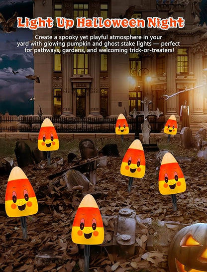Halloween Candy Corn Lights Outdoor,4PCS Halloween 3D Candy Corn Pathway Lights with Stake,Waterproof Cute Candy Corn Decorations Light for Lawn Driveway Garden Yard Party Decor