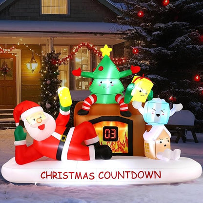 Alupssuc 8 FT Christmas Inflatable Outdoor Decorations with LED Christmas Countdown Clock, Santa,Tree,Fireplace and Gift Boxes, Lighted Blow Up Lawn Yard Clearance for Indoor Xmas Holiday Party Decor