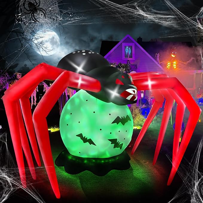 Kalolary 8FT Halloween Inflatable Spider Outdoor Decoration Blow Up Yard Decoration Scary Spider Inflatable with Built-in Green Flashing Light for Garden Lawn Indoor Outdoor Party Decor
