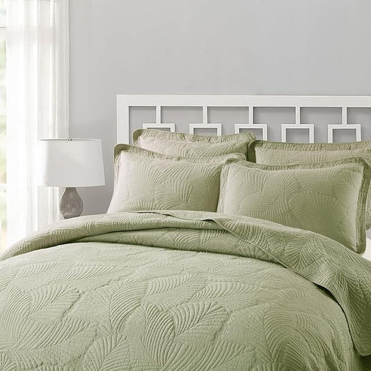 mixinni Green Tropical Palm Tree King Size Quilt Set Soft Cotton Bedspread Coverlet Bed Cover,3-Piece Quilt Set Quilted Bedding Lightweight Coverlet Set -King Size
