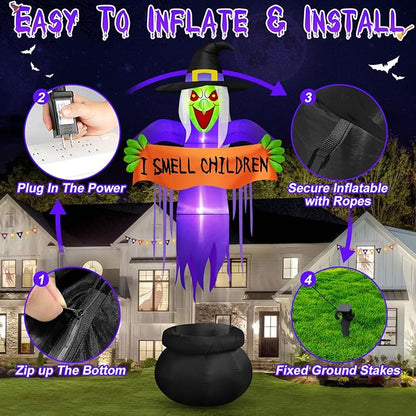 Danxilu 12 FT Giant Halloween Inflatables Witch Decorations Outdoor, Scary Red Eyes Levitating Witch with Cauldron Blow Up Yard Decorations Build-in LED Lights for Holiday Party Halloween Decor