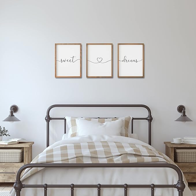 Set of 3 Framed Farmhouse Sweet Dreams Sign 11x14” Above Bed Wall Decor for Bedroom Decor Wall Art Wood Signs (11"x14", Brown)
