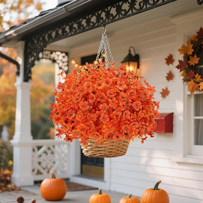 Fall Flowers Artificial for Decoration, Artificial Fall Mums Flowers for Outdoors, Fake Flowers Daisy Eucalyptus Realistic UV Resistant for Garden Patio Porch Home Decor (12, Orange-Yellow Leaves)