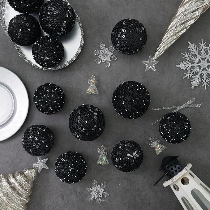 3.15" Christmas Ball Ornaments Glitter Shatterproof Christmas Tree Ornaments Sequin Xmas Hanging Balls Decorations for Wedding Party Holiday(Black)