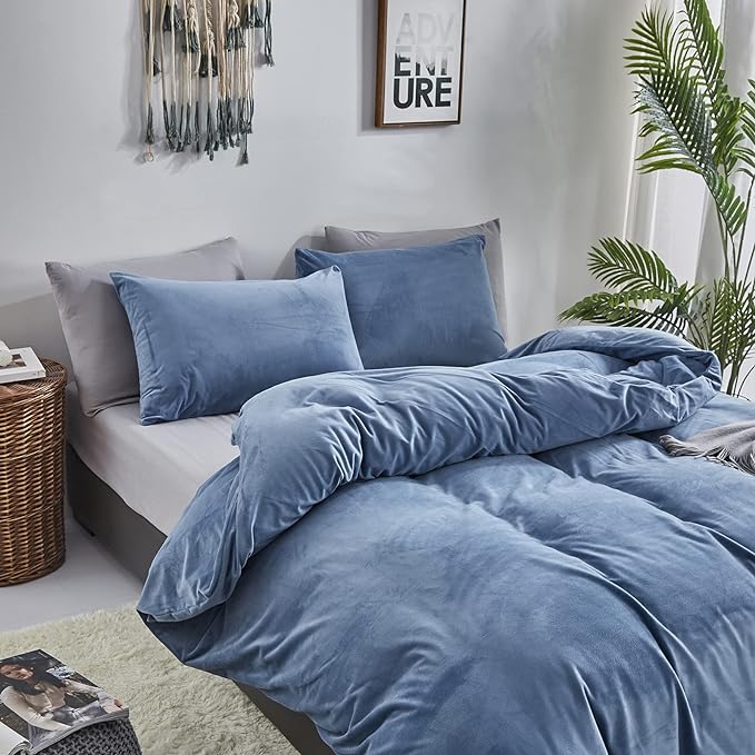 Cottonight Blue Velvet Twin Bedding - Bright Blue Flannel Blanket Quilts Winter Warm Thick Heavyweight 3 Pcs Comforter Set