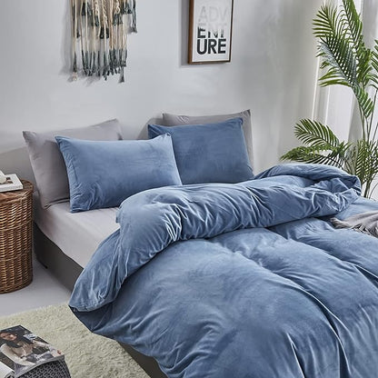 Cottonight Blue Velvet Twin Bedding - Bright Blue Flannel Blanket Quilts Winter Warm Thick Heavyweight 3 Pcs Comforter Set