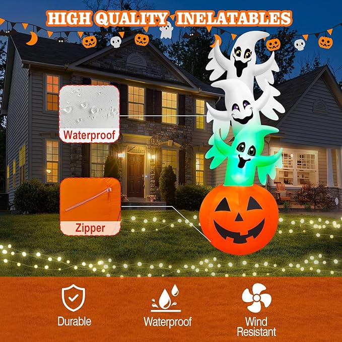 10.3FT Halloween Inflatable Overlap Ghost Decoration, Three Blow up Ghosts Jumped Out of Halloween Pumpkin Built-in Colorful LED for Halloween Inflatables Outdoor Decoration Party Yard Decor