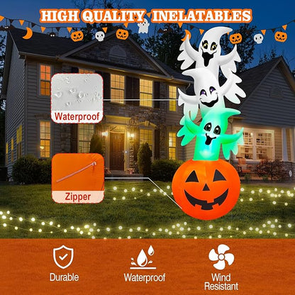 10.3FT Halloween Inflatable Overlap Ghost Decoration, Three Blow up Ghosts Jumped Out of Halloween Pumpkin Built-in Colorful LED for Halloween Inflatables Outdoor Decoration Party Yard Decor