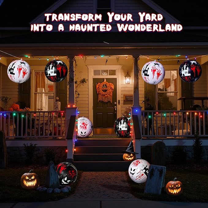 6 PCS 11.8 inch Hanging Halloween Decorations Ball Set, Inflatable Hanging Halloween Ornament Balls with Bloody Handprints, Haunted Castles, Creepy Faces, Black Cats and Pumpkin for Yard,Party Decor