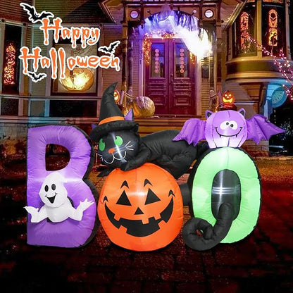 MUMTOP Halloween Inflatables Outdoor Decorations - 5 FT Pumpkin Inflatable with Ghost, Black Cat and Bat, Halloween Blow Up Yard Decorations with Built-in LED Lights for Party Yard Garden
